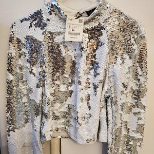 Zara(trf collection) Sequins shirt- Silver and White Size Small